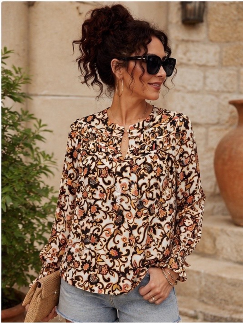 NWT LOFT Floral Scroll Print Ruffle Cuff Blouse Top XS Boho Long Sleeve